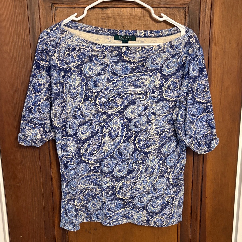 Ralph Lauren Short Sleeve Blue and Cream Paisley Top